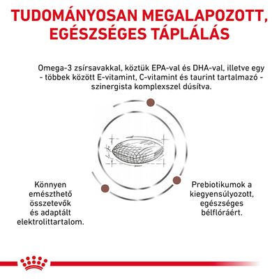 TUDOMÁNYOSAN MEGALAPOZOTT, EGÉSZSÉGES TÁPLÁLÁS. Omega-3 zsírsavak, EPA, DHA, E-vitamin, C-vitamin, taurin, könnyen emészthető összetevők, prebiotikumok, adaptált elektrolittartalom.