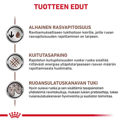 TUOTTEEN EDUT: ALHAINEN RASVAPITOISUUS, KUITUTASAPAINO, RUOANSULATUSKANAVAN TUKI. Kuvaus koiranruoan eduista, kuten alhainen rasvapitoisuus ja kuitutasapaino. Teksti suomeksi.