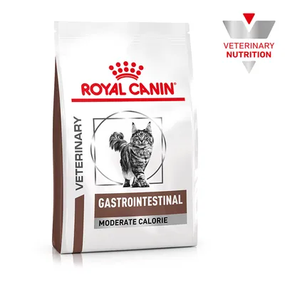 Royal Canin Veterinary Gastrointestinal Moderate Calorie cat food. Packaging with cat and Veterinary Nutrition logo. Royal Canin Veterinary Gastrointestinal Moderate Calorie cat food. Packaging with cat and Veterinary Nutrition logo.