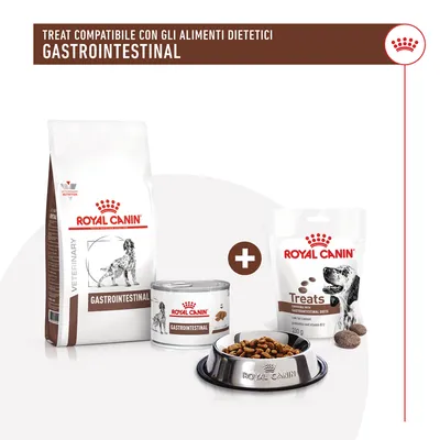 Royal Canin Gastrointestinal: sacco di crocchette, lattina umido, ciotola con crocchette e confezione Treats. Testo visibile: 'Treat compatibile con gli alimenti dietetici gastrointestinal'.