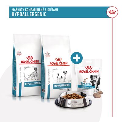 Royal Canin Veterinary Hypoallergenic krmivo pre psov, dve balenia, jedno balenie maškŕt Treats Hypoallergenic Diets a miska s granulami. Text: Maškrty kompatibilné s diétami HYPOALLERGENIC.