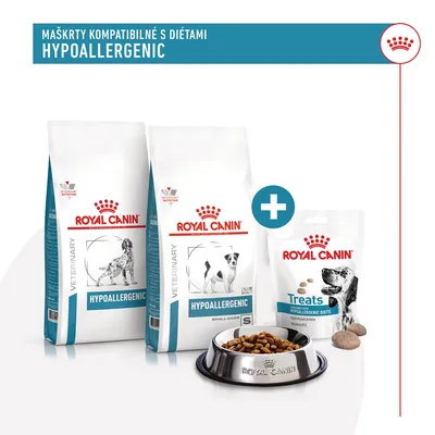 Royal Canin Veterinary Hypoallergenic krmivo pre psov, dve balenia, jedno balenie maškŕt Treats Hypoallergenic Diets a miska s granulami. Text: Maškrty kompatibilné s diétami HYPOALLERGENIC.
