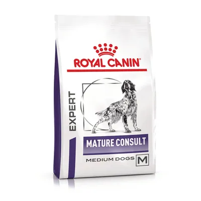 Royal Canin Expert Mature Consult Medium Dogs M -koiranruokapakkaus, pakkauksessa seisovan koiran kuva ja tekstit: EXPERT, MATURE CONSULT, MEDIUM DOGS, M. Royal Canin Expert Mature Consult Medium Dogs M -koiranruokapakkaus, pakkauksessa seisovan koiran kuva ja tekstit: EXPERT, MATURE CONSULT, MEDIUM DOGS, M.