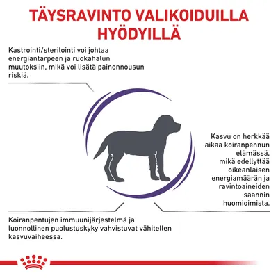 TÄYSRAVINTO VALIKOIDUILLA HYÖDYILLÄ. Kastrointi/sterilointi voi lisätä painonnousun riskiä. Kasvu vaatii oikean energiamäärän ja ravintoaineet. Immuunijärjestelmä vahvistuu kasvuvaiheessa.