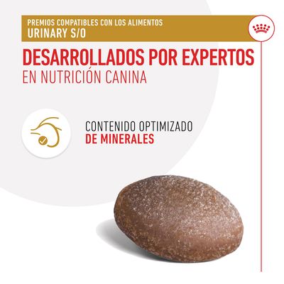 Premios compatibles con los alimentos Urinary S/O. Desarrollados por expertos en nutrición canina. Contenido optimizado de minerales. Imagen de un premio para perro.