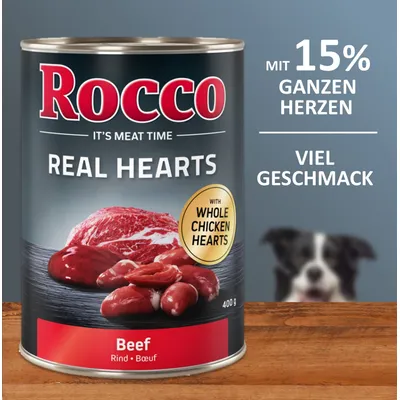 Rocco Real Hearts Beef 400 g, avec 15 % de cœurs entiers, with whole chicken hearts. Texte allemand : viel Geschmack, mit 15% ganzen Herzen. Boîte de pâtée pour chien.