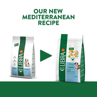 LIBRA Puppy dog food packaging change, old bag on left and new Mediterranean recipe bag on right with text 'OUR NEW MEDITERRANEAN RECIPE' above.