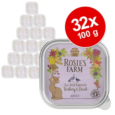 Rosie's Farm Two Bird Casserole Turkey & Duck Adult, 32 x 100 g Schalen, getreidefreie Rezeptur, Abbildung mit Katze und Blumenkranz.