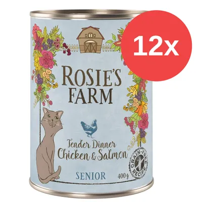Lata de comida para gatos Rosie’s Farm Tender Dinner Chicken & Salmon, receta sin cereales, SENIOR, 400 g. Paquete de 12 unidades indicado por círculo rojo con texto '12x'.