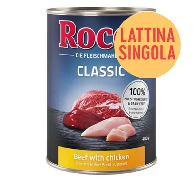 Rocco Classic Beef with chicken, lattina singola 400 g. Testo visibile: 100% fresh ingredients & grain-free.