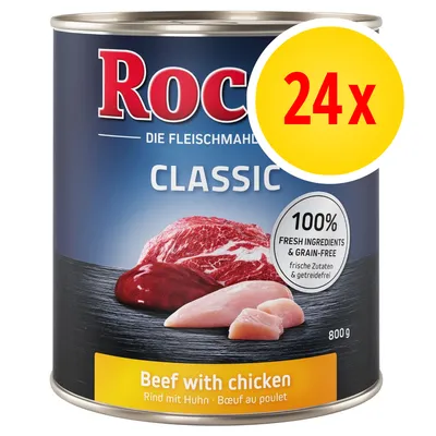 Rocco Classic Beef with chicken, boîte 800 g, lot de 24. Texte visible : 100 % fresh ingredients & grain-free. Viande de bœuf et poulet illustrées sur l’étiquette.