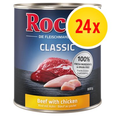 Lot multi-saveurs Rocco Classic 24 x 800 g lot 4 saveurs (poulet, agneau, cœurs de volaille, bœuf)