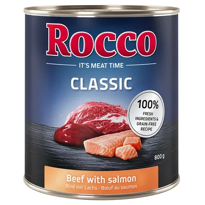 Rocco Classic cibo umido, varietà Beef with Salmon, 800g. 100% ingredienti freschi, ricetta senza cereali.