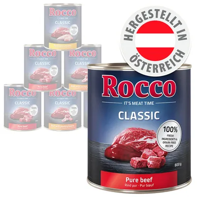 Rocco Classic Pure beef, 800g Dose, 100% frische Zutaten, getreidefreie Rezeptur. Verschiedene Sorten sichtbar. Siegel: Hergestellt in Österreich.