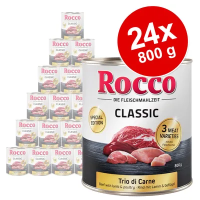Rocco Classic Trio di Carne, 24x800 g konzerve. Na etiketi: Special Edition, 3 Meat Varieties, Beef with lamb & poultry. Slika mesa na prednjoj strani limenke.