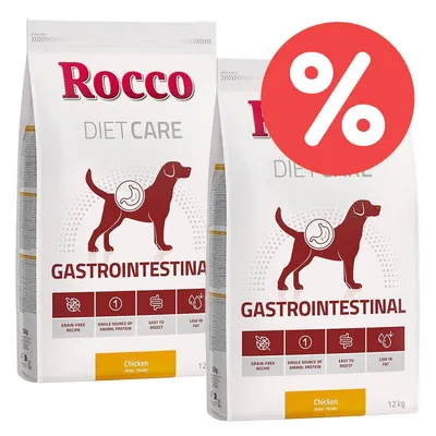 Rocco Diet Care Gastrointestinal Chicken 12 kg – karma dla psów. Widoczna ikona procentu oznaczająca promocję. Informacje: bez zbóż, jedno źródło białka, łatwostrawna, niska zawartość tłuszczu.
