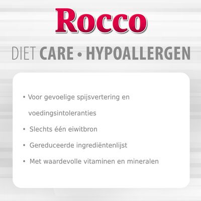 Rocco DIET CARE HYPOALLERGEN: voor gevoelige spijsvertering en voedingsintoleranties, slechts één eiwitbron, gereduceerde ingrediëntenlijst, met waardevolle vitaminen en mineralen.
