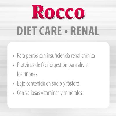 Rocco DIET CARE RENAL. Para perros con insuficiencia renal crónica, proteínas de fácil digestión, bajo en sodio y fósforo, con valiosas vitaminas y minerales.