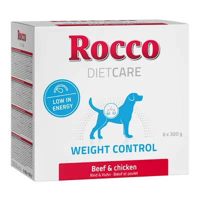 Rocco Diet Care Weight Control, conținut scăzut de energie, vită și pui, 6 x 300 g. Ambalaj cu simbol de câine și pictogramă de cântar.