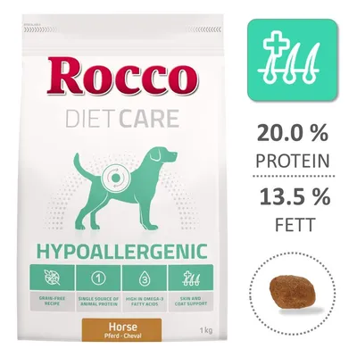 Rocco Diet Care Hypoallergenic Horse 1 kg hundfoder. 20,0 % protein, 13,5 % fett. Text: grain-free recipe, single source of animal protein, high in omega-3 fatty acids, skin and coat support.