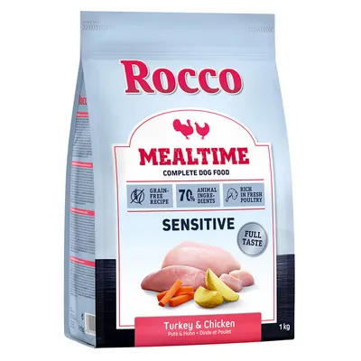 Rocco Mealtime Sensitive, bezzbożowa receptura z 70% składników pochodzenia zwierzęcego, bogata w świeżego drób. Wariant: indyk i kurczak, 1 kg.