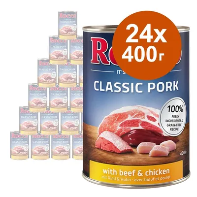 Rocco Classic Pork с говеждо и пиле, 24 консерви по 400 г. Видими надписи: 100% fresh ingredients & grain-free recipe, with beef & chicken.
