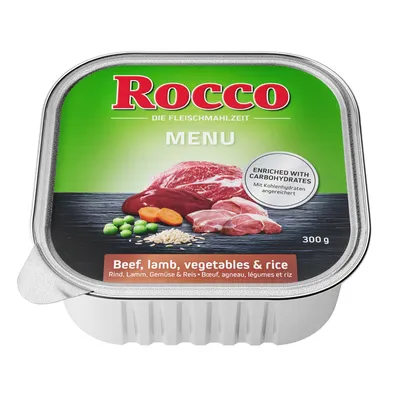 Rocco Menu, 300g. Vacuno, cordero, verduras y arroz. Enriquecido con carbohidratos.