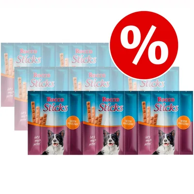 Rocco Sticks -koiranherkkupakkauksia, etiketissä teksti 'WITH POULTRY' ja koirakuva. Suuri punainen prosenttimerkki alennuksen merkiksi.