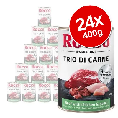 Rocco Trio di Carne wet dog food, 24 x 400g cans. Label shows beef with chicken & game, 3 varieties of meat and offal. Large red badge: 24x 400g.