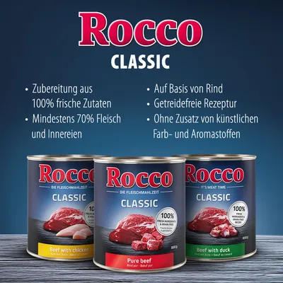 Rocco Classic, boîtes 800 g : Pure beef, Beef with chicken, Beef with duck. Texte en allemand : ingrédients frais, sans céréales, au moins 70 % viande et abats, sans additifs artificiels.