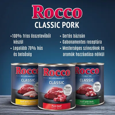 Rocco Classic Pork. 100% friss összetevő, legalább 70% hús és belsőség, sertés bázis, gabonamentes, mesterséges színezékek és aromák nélkül. Három Rocco konzerv látható.