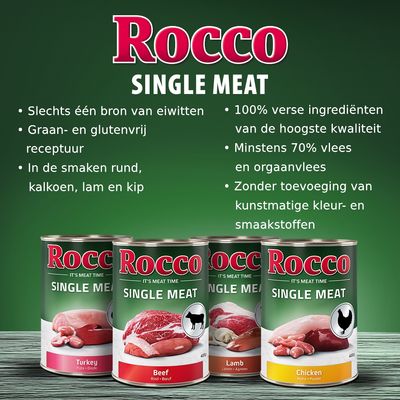 Rocco Single Meat natvoer in rund, kalkoen, lam en kip. Slechts één bron eiwitten, graan- en glutenvrij, 100% verse ingrediënten, minstens 70% vlees, zonder kunstmatige toevoegingen.