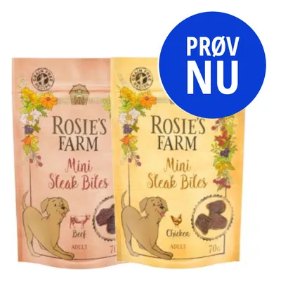 Rosie’s Farm Mini Steak Bites Beef og Chicken, Adult, 70 g poser. Blå cirkel med teksten PRØV NU. Grain Free Recipe-mærke synligt på begge pakker. Rosie’s Farm Mini Steak Bites Beef og Chicken, Adult, 70 g poser. Blå cirkel med teksten PRØV NU. Grain Free Recipe-mærke synligt på begge pakker.