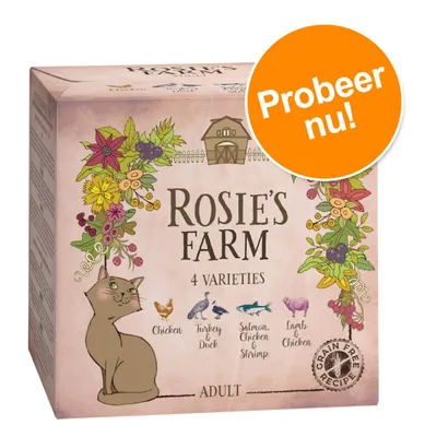 Rosie's Farm 4 Varieties kattenvoer, smaken: Chicken, Turkey & Duck, Salmon Chicken & Shrimp, Lamb & Chicken. Probeer nu! Grain Free Recipe. Voor volwassen katten.