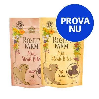 Rosie’s Farm Mini Steak Bites Beef Adult och Chicken Adult 70 g. Stor blå cirkel med texten PROVA NU.