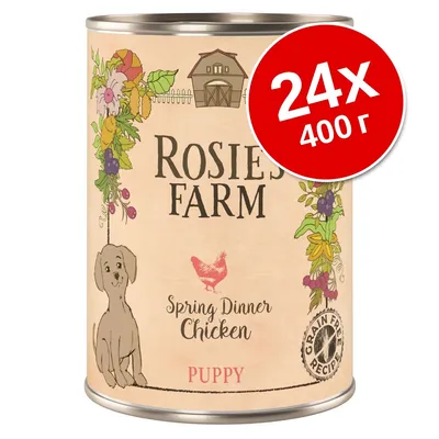 Консерва Rosie's Farm Spring Dinner Chicken Puppy, надпись '24x 400 г', рецепт без зерна, изображение цыплёнка и щенка на упаковке. Консерва Rosie's Farm Spring Dinner Chicken Puppy, надпись '24x 400 г', рецепт без зерна, изображение цыплёнка и щенка на упаковке.