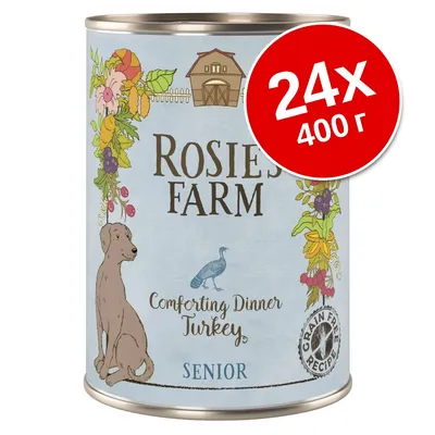 Rosie's Farm Comforting Dinner Turkey Senior, 24×400 г, Grain Free Recipe. Изображение банки с рисунком собаки и индейки, надписью SENIOR и красным кругом с количеством и весом.