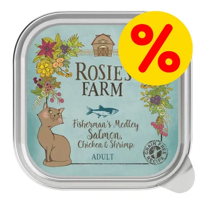 Rosie's Farm Fisherman's Medley Salmon, Chicken & Shrimp ADULT kattemad. Grain Free Recipe. Gul cirkel med rød procenttegn viser tilbud.