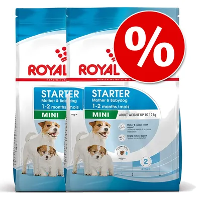 Royal Starter Mother & Babydog Mini 1–2 months, felnőtt súly max. 10 kg, két csomag, akciós jelzés százalékjellel a jobb felső sarokban