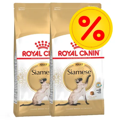 Kaksi Royal Canin Adult Siamese -kuivaruokapussia kissoille, suuri keltainen prosenttimerkki oikeassa yläkulmassa Kaksi Royal Canin Adult Siamese -kuivaruokapussia kissoille, suuri keltainen prosenttimerkki oikeassa yläkulmassa