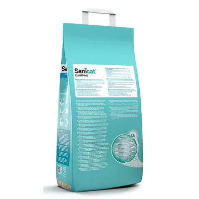 Sanicat Clumping cat litter, packaging with instructions for use and product details visible. Turquoise pack with handle.