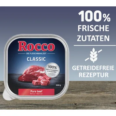 Rocco Classic Pure beef 300 g, 100 % frische Zutaten, getreidefreie Rezeptur. Texte en allemand sur l’emballage et la publicité.