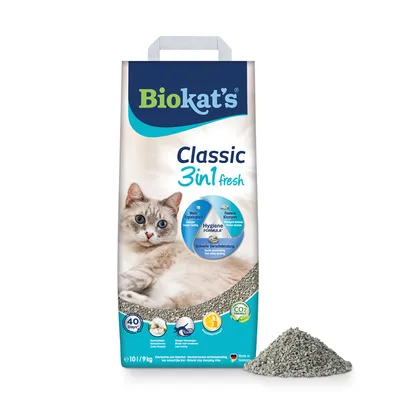 Biokat's Classic 3in1 fresh kissanhiekka, hygieniakaava, nopea hajujen sitominen, kiinteät paakut, 40 päivää, CO2 vähennetty, valmistettu Saksassa, 10L/9 kg