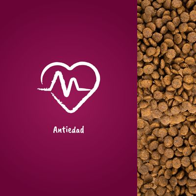 Pienso marrón en gránulos junto a icono de corazón con línea de pulso y texto 'Antiedad' en fondo burdeos.