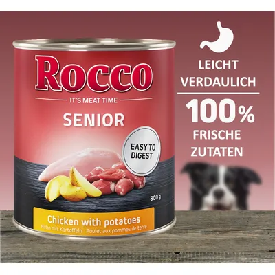 Rocco Senior Nassfutter, Huhn mit Kartoffeln, leicht verdaulich, 100% frische Zutaten, Dose 800g. Text: Easy to digest.