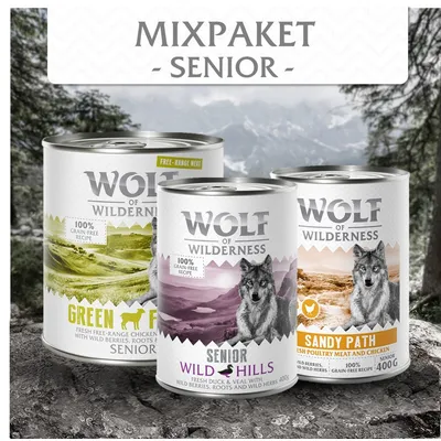 Wolf of Wilderness Mixpaket Senior: Green Fields, Wild Hills, Sandy Path. 100% getreidefreie Rezepturen mit frischem Fleisch, Beeren, Wurzeln und Kräutern. Dosen à 400g.