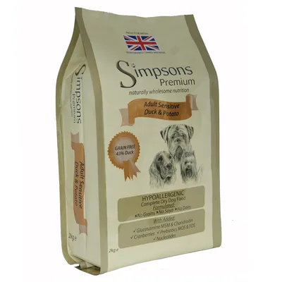 Simpsons Premium Adult Sensitive Duck & Potato, hypoallergene droge voeding voor honden. Zonder granen, soja, zuivel. Met glucosamine, cranberries, prebiotica MOS & FOS, nucleotiden.