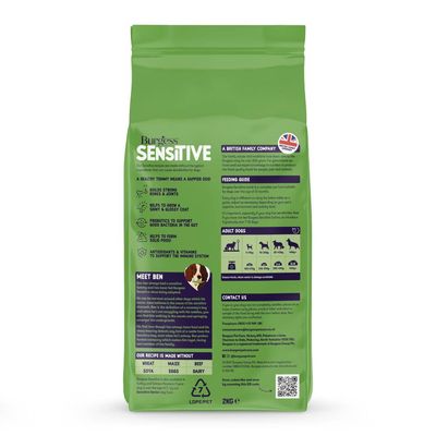 Product packaging showing feeding guide, benefits for digestion and immune system, recipe excludes wheat, maize, beef, soya, eggs, dairy. Includes contact details and British family company info.