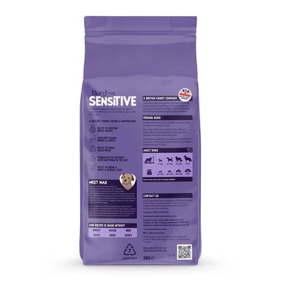 Burgess Sensitive pet food packaging showing benefits for digestion, feeding guide for adult dogs by weight, and recipe excludes wheat, maize, beef, soya, eggs, dairy. 2kg bag.