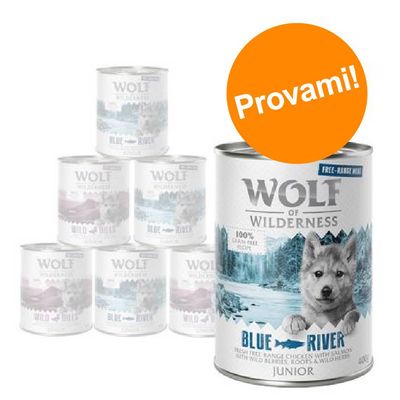Wolf of Wilderness Blue River Junior, lattina da 400 g con scritta 'Provami!' su sfondo arancione. Testo visibile: 100% grain free recipe, free-range, blue river, junior.